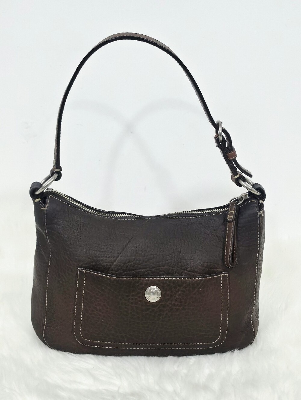 Coach F10992 Brown Pebbled Leather Shoulder Bag Purple Interior